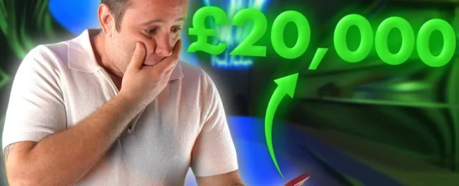 Mark Parham looking at a phone beside a £20,000 graphic