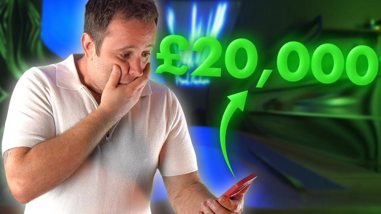 Mark Parham looking at a phone beside a £20,000 graphic