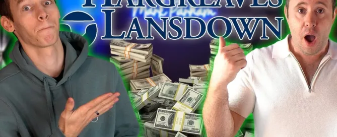 Mark Parham and another presenter beside Hargreaves Lansdown text and banknotes