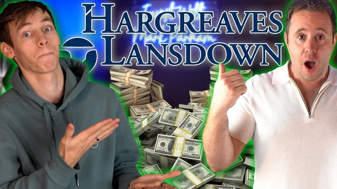 Mark Parham and another presenter beside Hargreaves Lansdown text and banknotes
