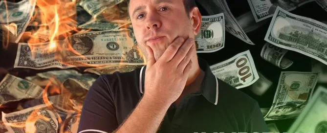 Mark Parham between burning banknotes and Investing and Gambling labels