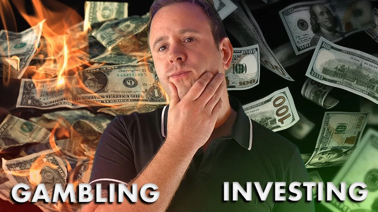 Mark Parham between burning banknotes and Investing and Gambling labels