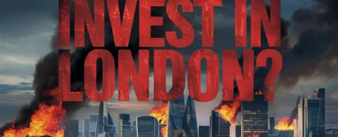 Illustrated London skyline with fire and smoke beneath the words Invest in London?