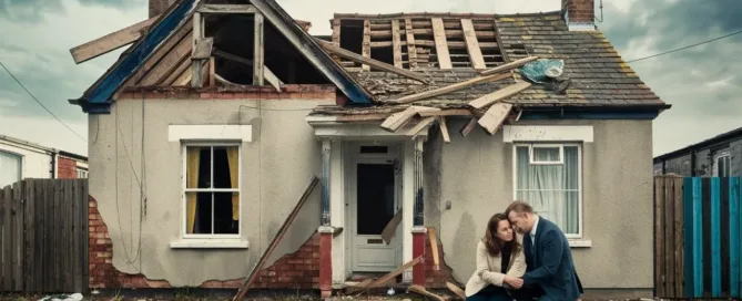 Illustration of a distressed couple outside a damaged house with a collapsed roof.