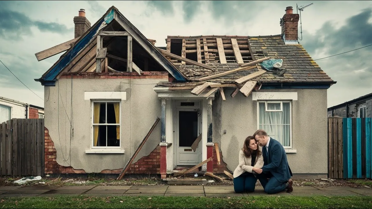 Illustration of a distressed couple outside a damaged house with a collapsed roof.