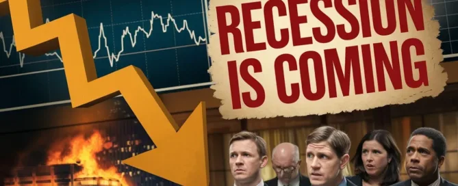 Illustrated economic-crisis thumbnail with a falling arrow, worried people and the words Recession Is Coming.