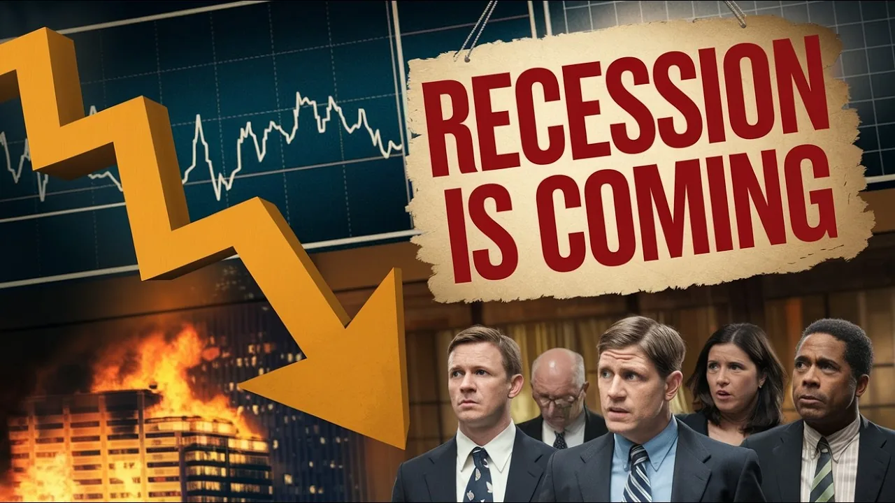 Illustrated economic-crisis thumbnail with a falling arrow, worried people and the words Recession Is Coming.