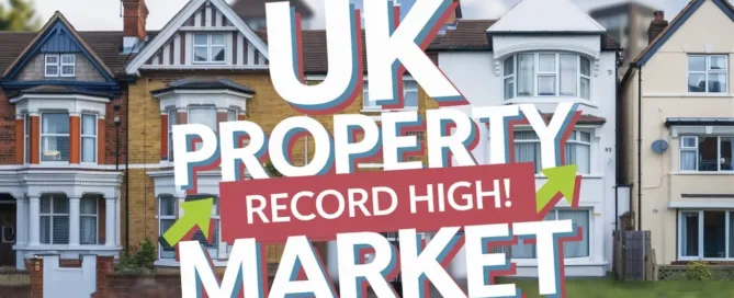 UK houses behind the words UK Property Market Record High, with upward green arrows.