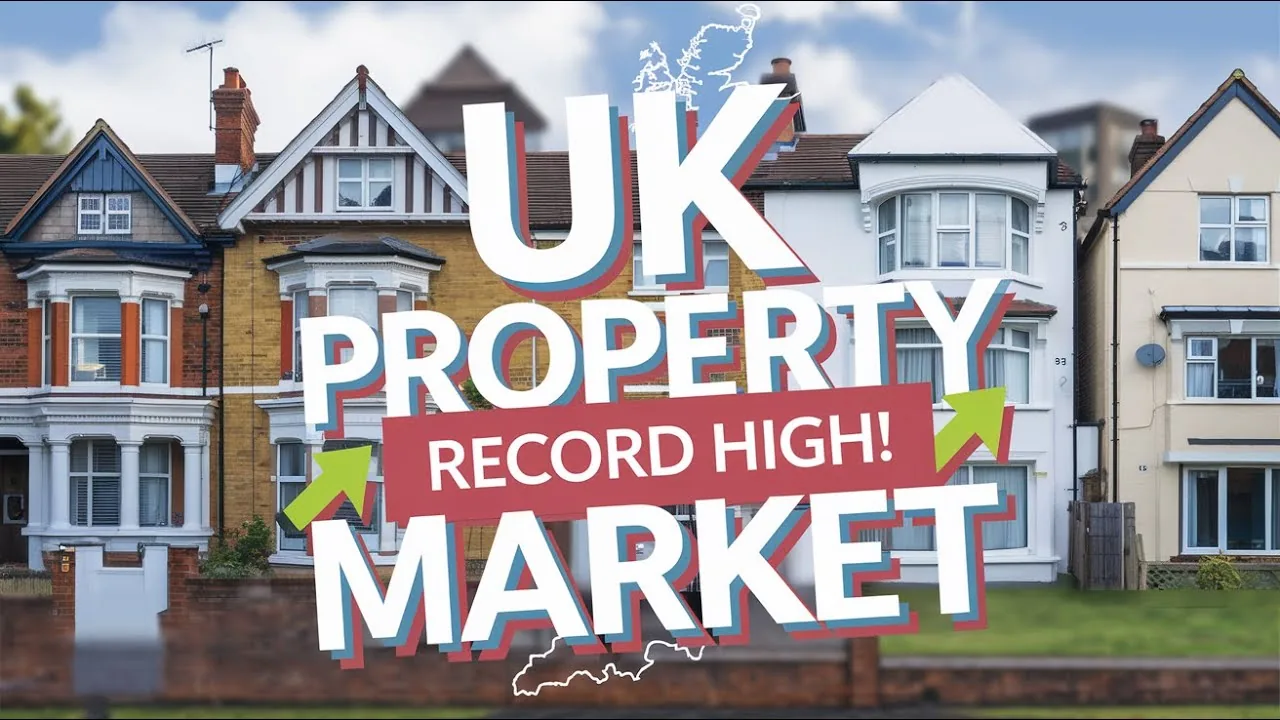 UK houses behind the words UK Property Market Record High, with upward green arrows.