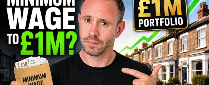 Mark Parham holding a minimum-wage envelope beside houses and a £1M Portfolio sign.