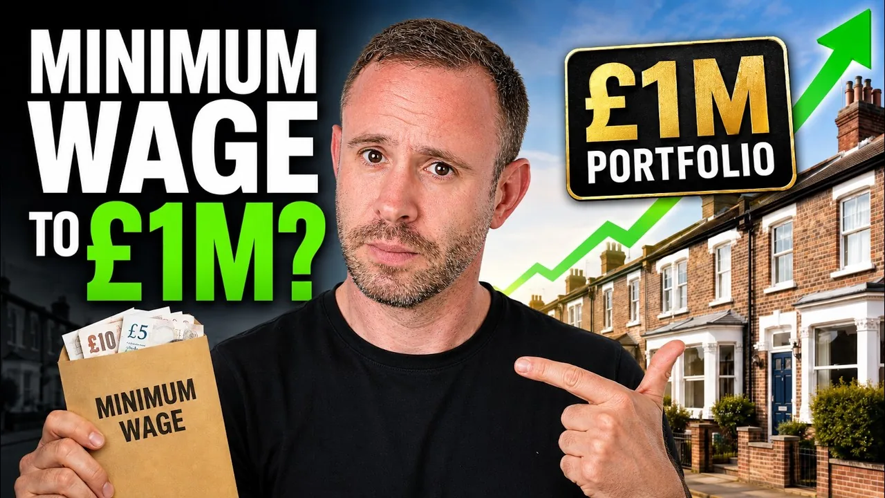 Mark Parham holding a minimum-wage envelope beside houses and a £1M Portfolio sign.