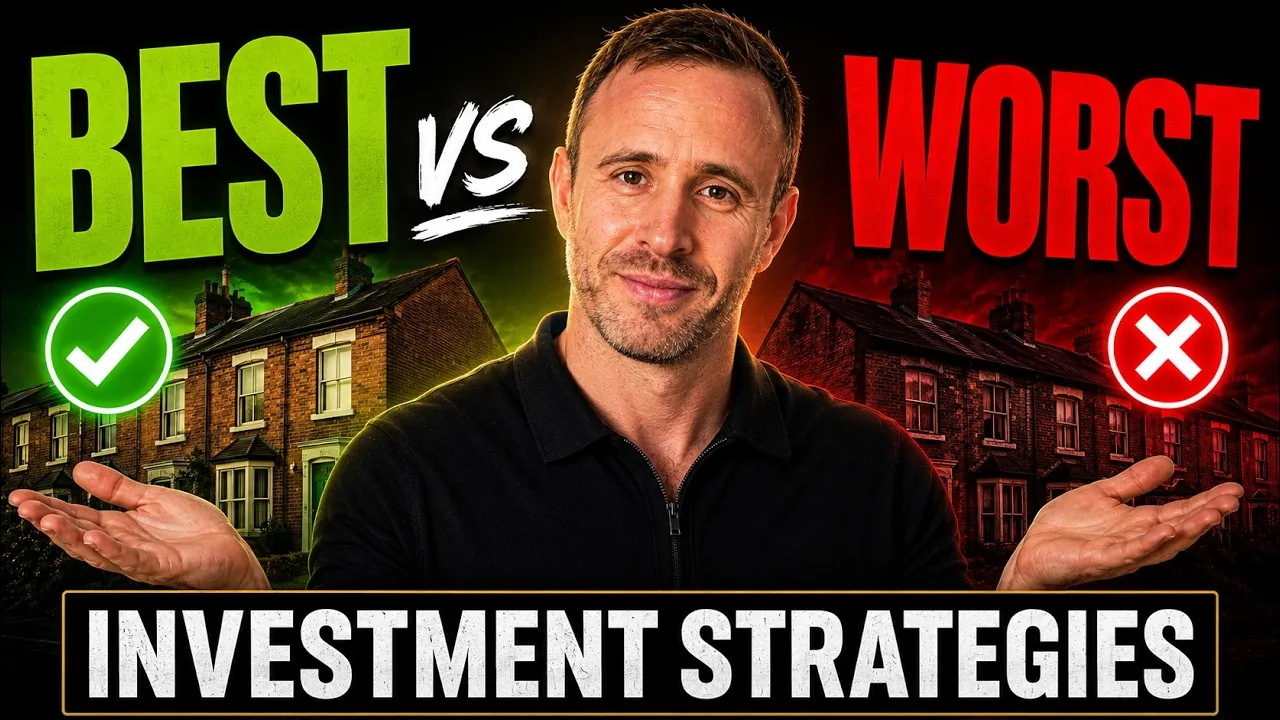 Mark Parham holding out his hands between green Best and red Worst investment strategy illustrations.