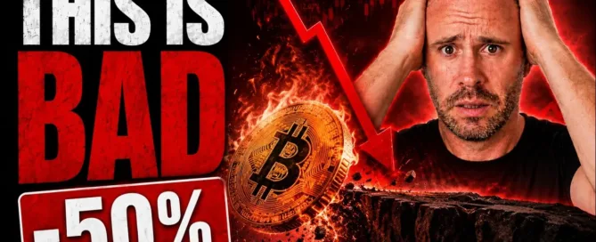 Mark Parham holding his head beside a falling Bitcoin illustration and the words “This is bad” and “-50%”.