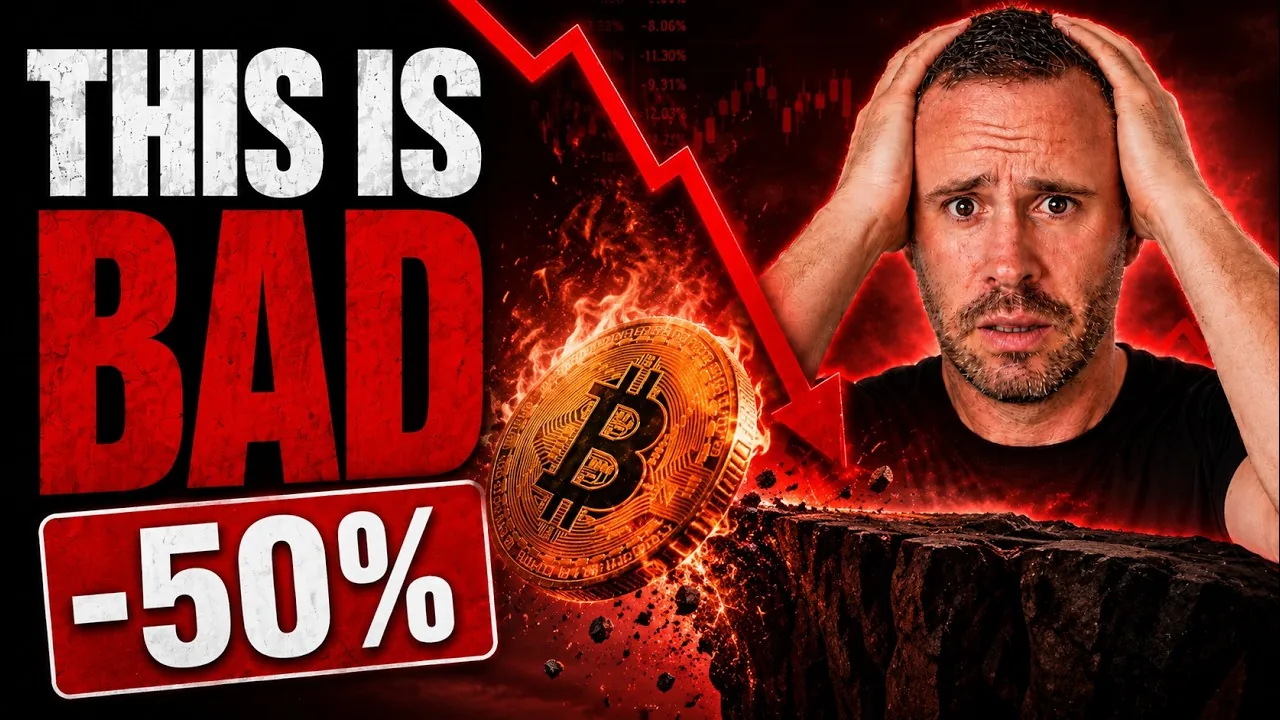 Mark Parham holding his head beside a falling Bitcoin illustration and the words “This is bad” and “-50%”.
