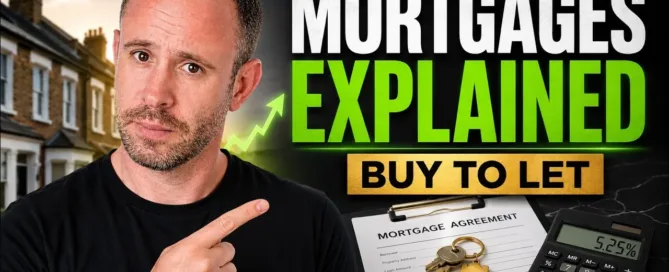 Mark Parham pointing towards a mortgage agreement, keys and a calculator beside Mortgages Explained Buy to Let.