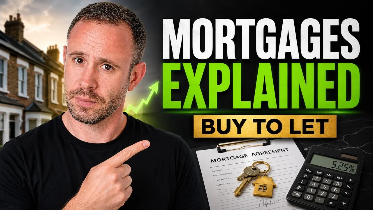 Mark Parham pointing towards a mortgage agreement, keys and a calculator beside Mortgages Explained Buy to Let.