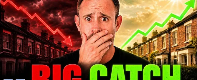 Mark Parham covering his mouth between falling and rising housing charts beside the words Big Catch.