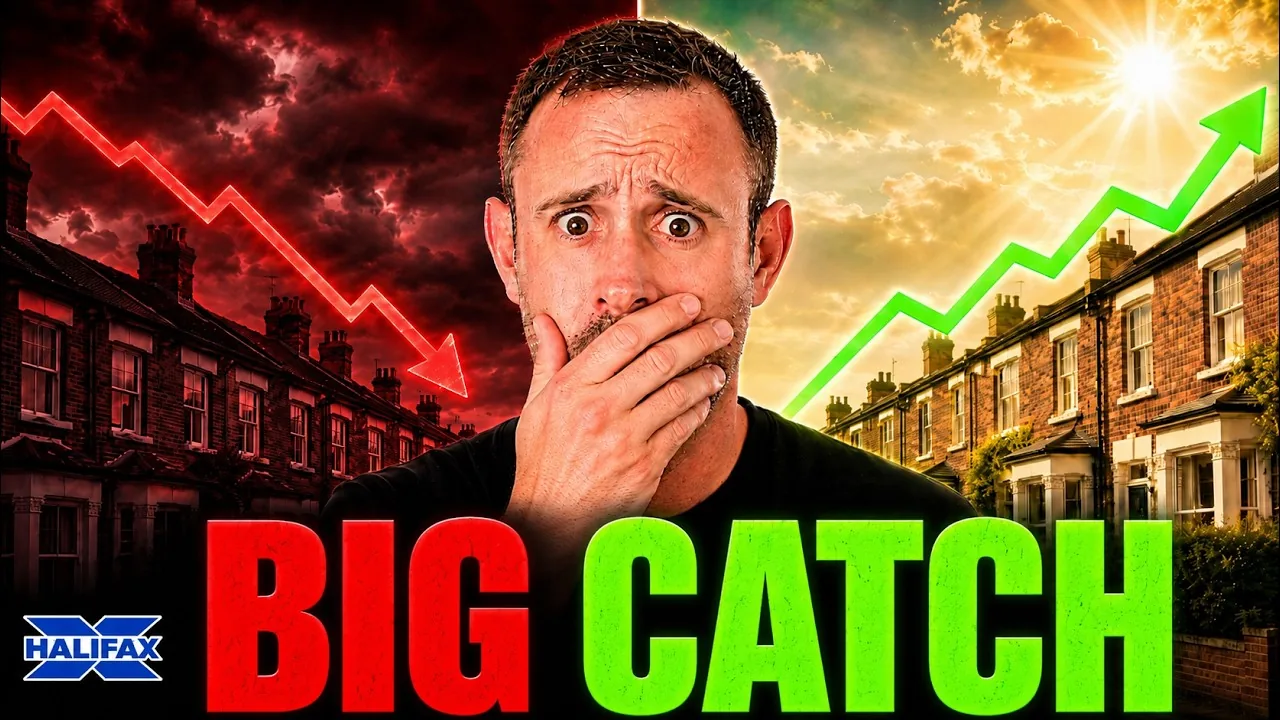 Mark Parham covering his mouth between falling and rising housing charts beside the words Big Catch.