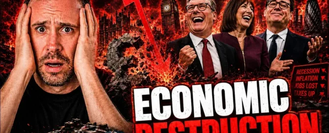 Mark Parham holding his head beside political figures, a falling red chart and the words Economic Destruction.