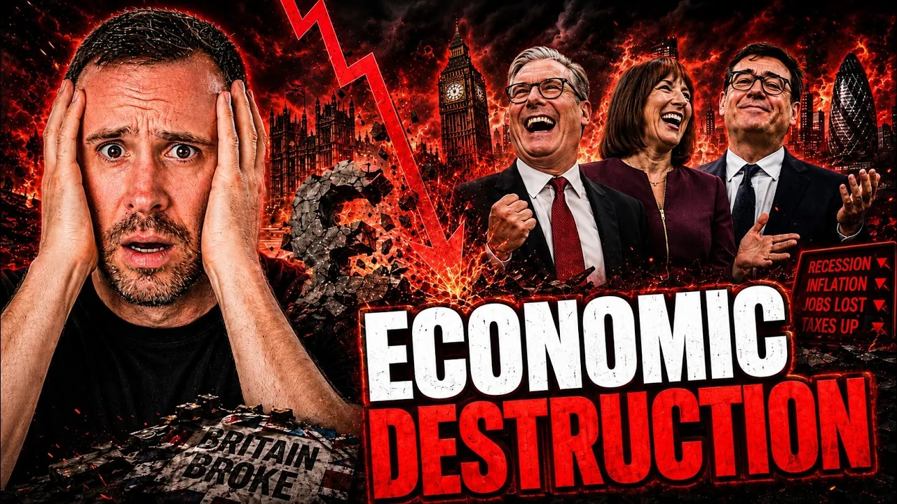 Mark Parham holding his head beside political figures, a falling red chart and the words Economic Destruction.