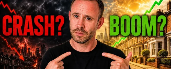 Mark Parham pointing between a red falling market labelled Crash and a green rising market labelled Boom.