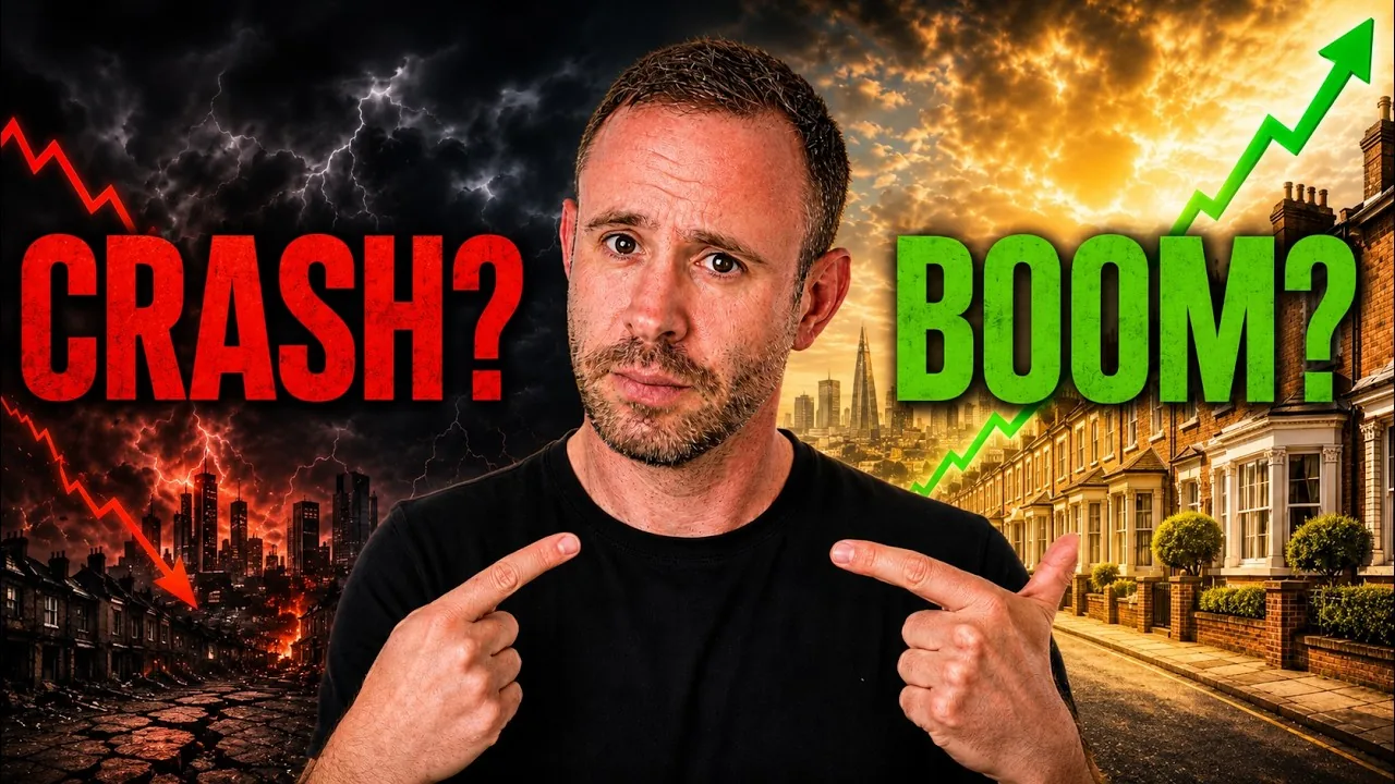 Mark Parham pointing between a red falling market labelled Crash and a green rising market labelled Boom.
