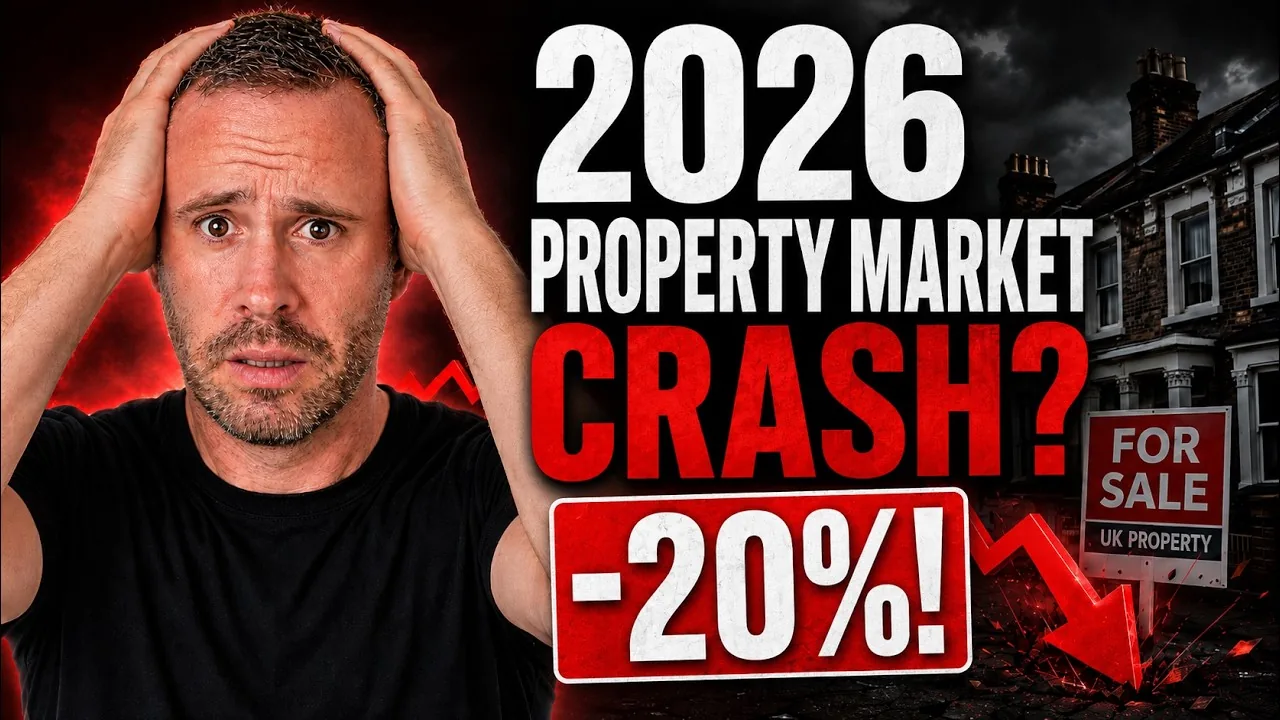 Mark Parham holding his head beside houses, a For Sale sign and the words 2026 Property Market Crash and -20%.