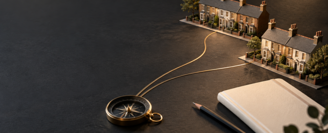 Editorial illustration of two brass paths leading towards model British houses beside a planning notebook and compass
