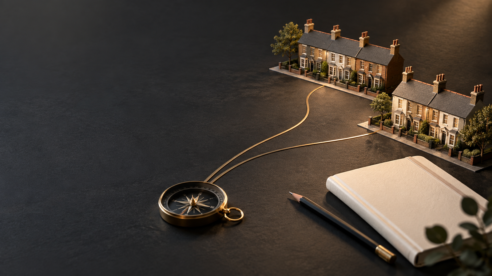 Affordable property mentoring: two routes to a clearer plan Editorial illustration of two brass paths leading towards model British houses beside a planning notebook and compass
