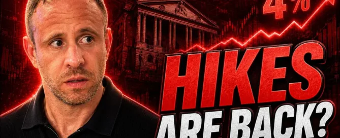 Mark Parham beside the Bank of England, a rising red graph, 4% and the words “Hikes are back?”.