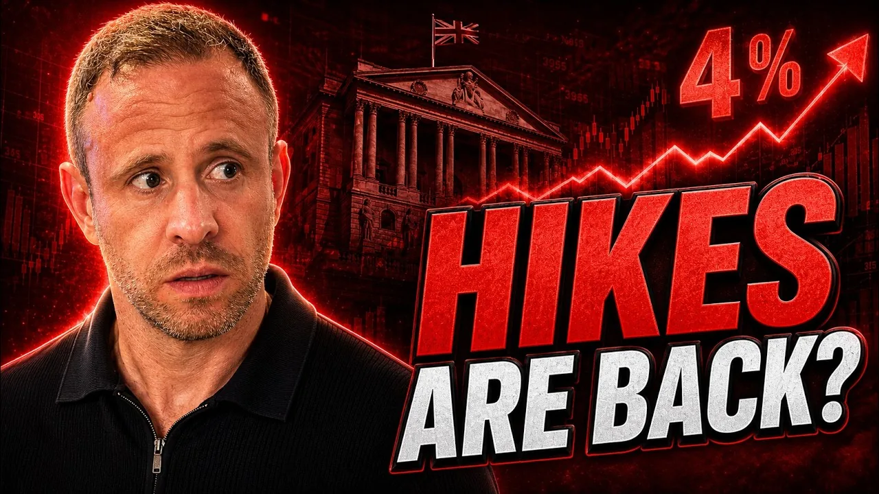 Mark Parham beside the Bank of England, a rising red graph, 4% and the words “Hikes are back?”.