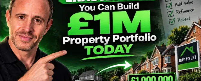 Mark Parham pointing towards a £1M property portfolio graphic and rental houses