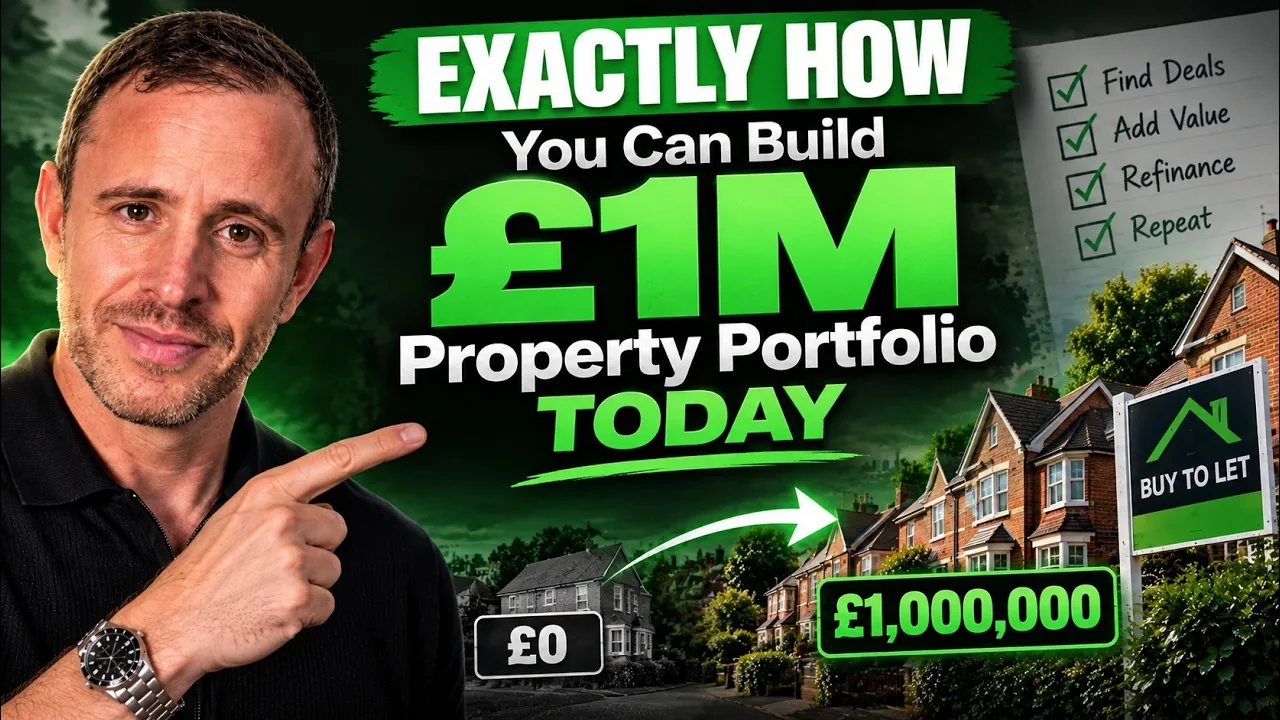 Mark Parham pointing towards a £1M property portfolio graphic and rental houses