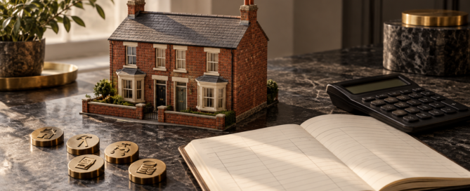 Conceptual illustration of a British rental house model beside a ledger, calculator and separate budgeting tokens