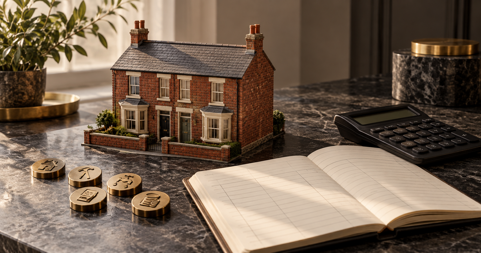 buy-to-let-costs-uk Conceptual illustration of a British rental house model beside a ledger, calculator and separate budgeting tokens