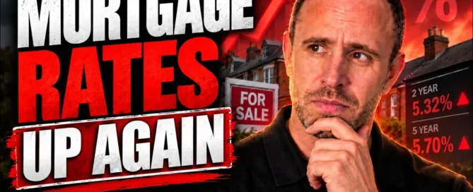 Mark Parham resting his hand on his chin beside houses and the words “Mortgage rates up again”.