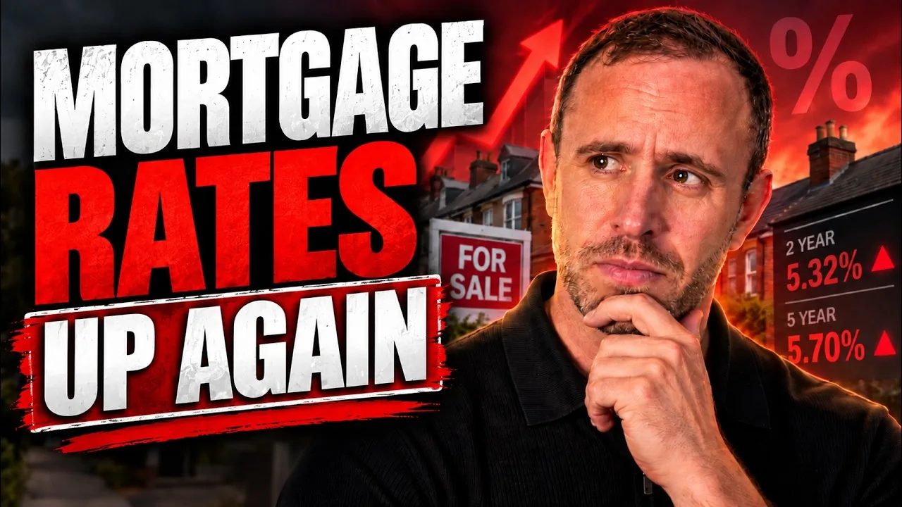 Mark Parham resting his hand on his chin beside houses and the words “Mortgage rates up again”.