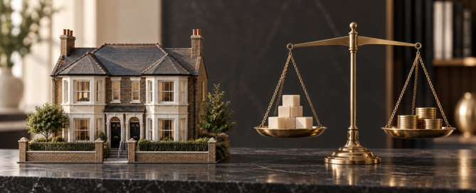 Conceptual illustration of a British house model beside a brass balance scale representing rental income and mortgage obligations
