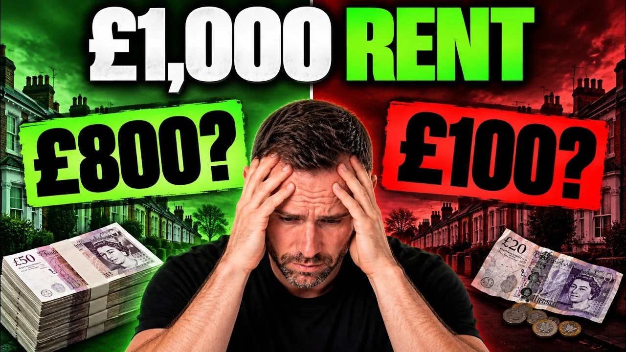 Mark Parham with £1,000 rent, £800 and £100 figures beside rental houses