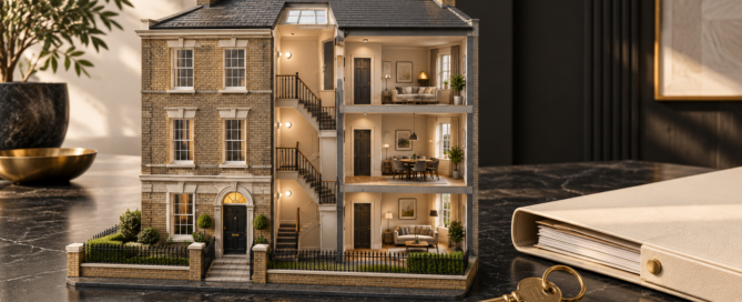 Conceptual cutaway illustration of a British apartment building showing shared stairs, roof and entrance beside a maintenance folder