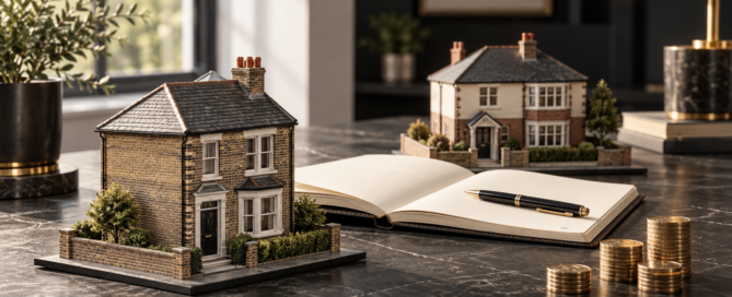 Conceptual illustration of two British rental house models with a planning notebook and separate cash reserve tokens