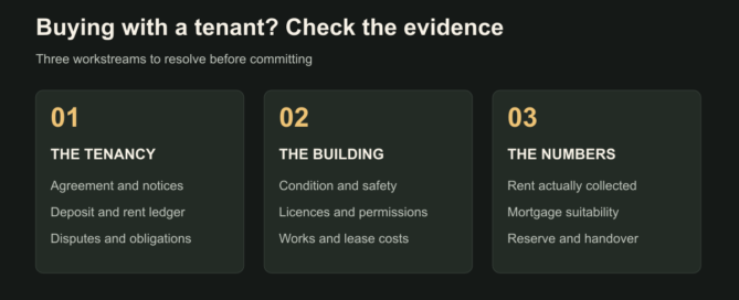 Three evidence checks for buying a tenanted property: tenancy documents, building condition and financial records.