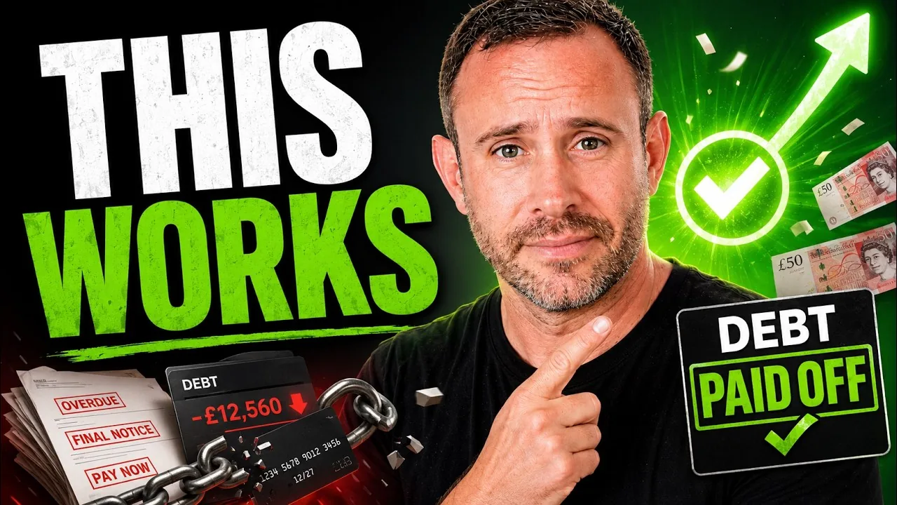 Mark Parham pointing beside bills, a green tick and the words “This works” and “Debt paid off”.