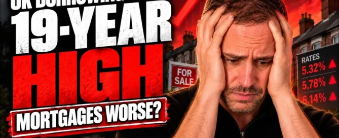 Mark Parham holding his head beside houses and the words “UK borrowing costs 19-year high”.