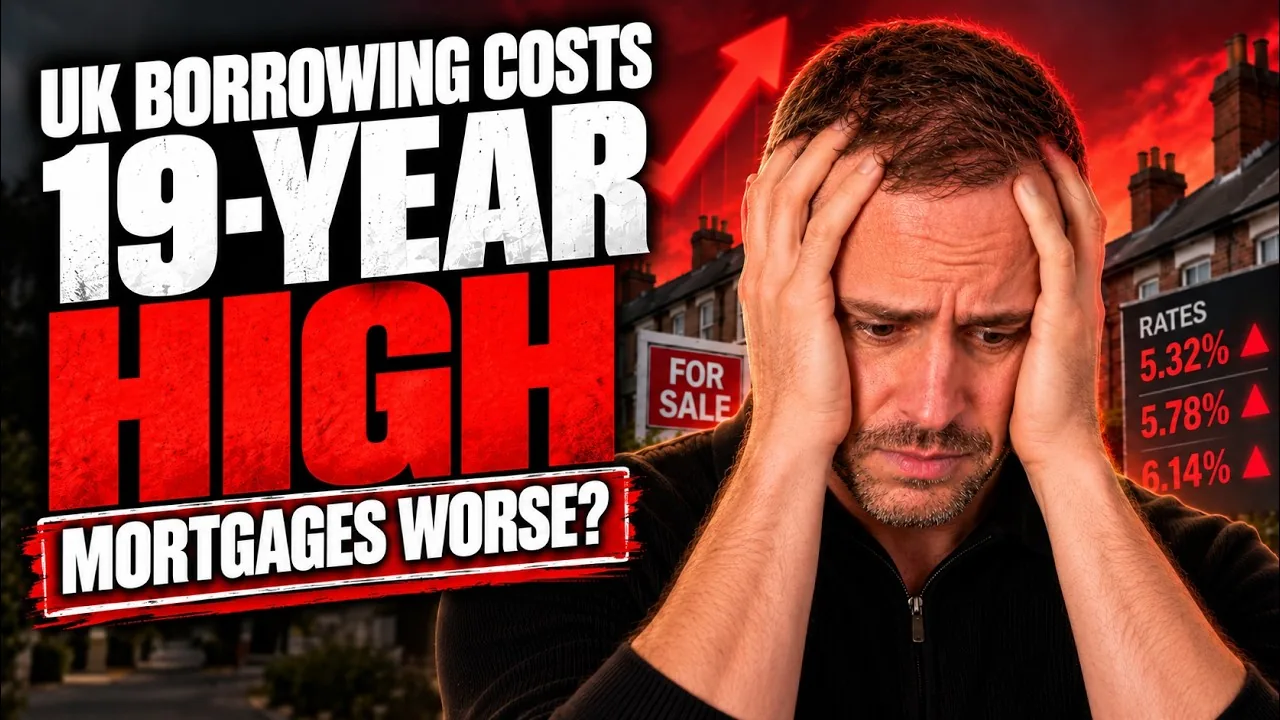 Mark Parham holding his head beside houses and the words “UK borrowing costs 19-year high”.