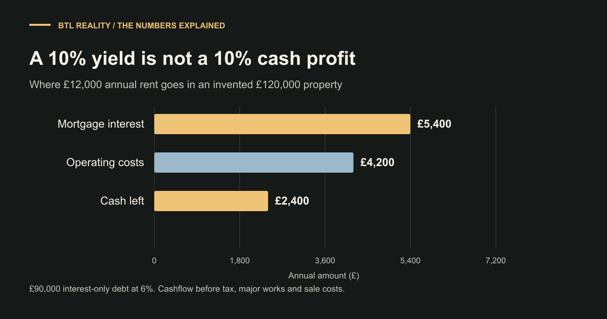 high-rental-yield-low-profit Breakdown of £12,000 annual rent into £5,400 mortgage interest, £4,200 operating costs and £2,400 pre-tax cashflow.