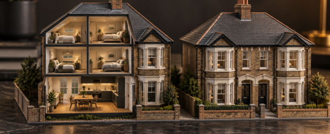 Conceptual cutaway illustration comparing a shared British house with a conventional single-let house
