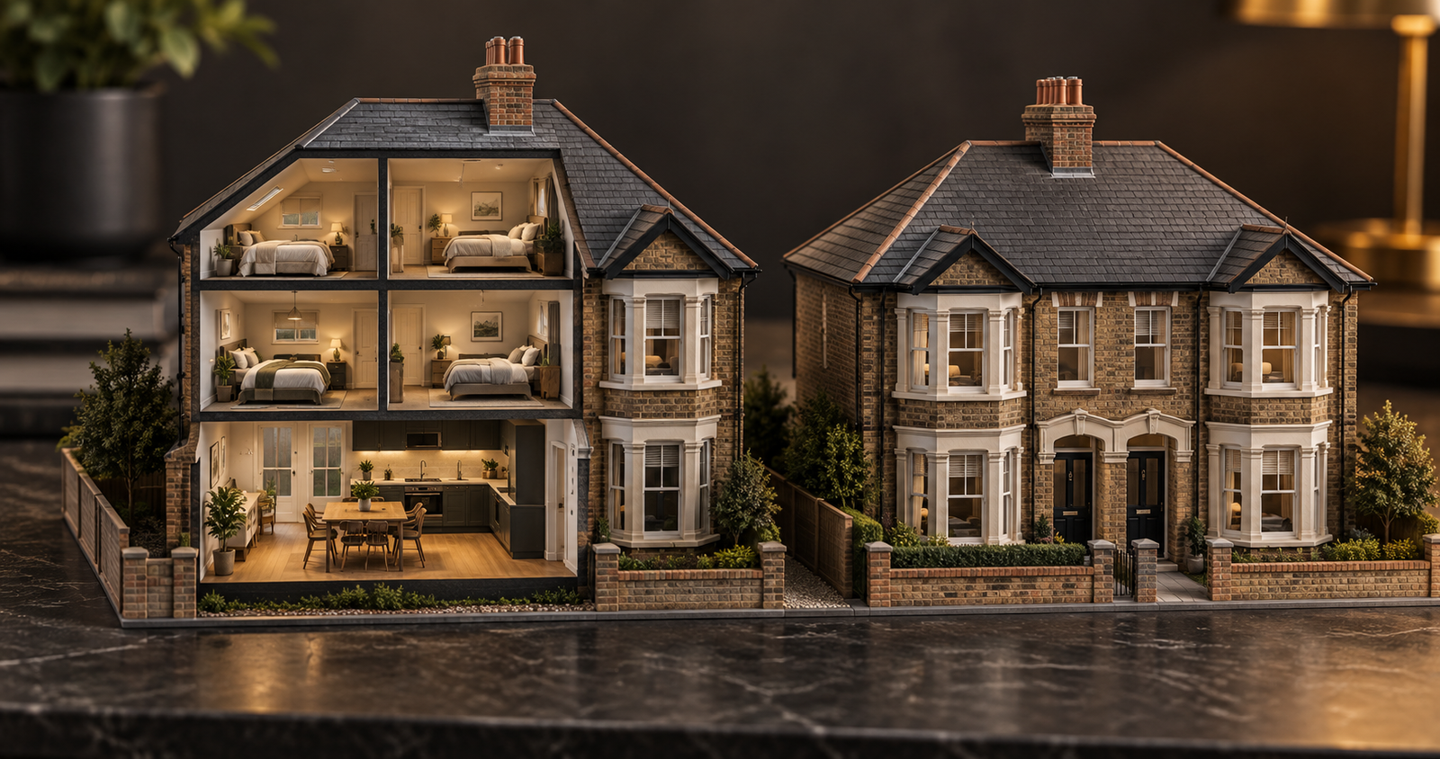 hmo-vs-single-let Conceptual cutaway illustration comparing a shared British house with a conventional single-let house