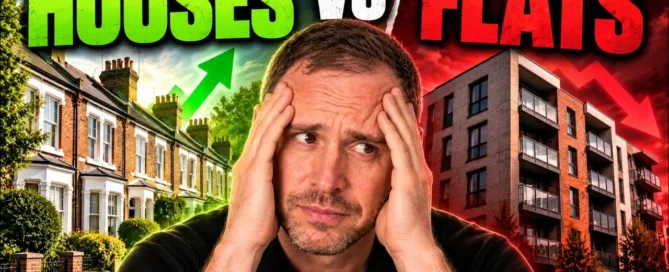 Mark Parham between terraced houses and a block of flats beneath the words “Houses vs Flats”.