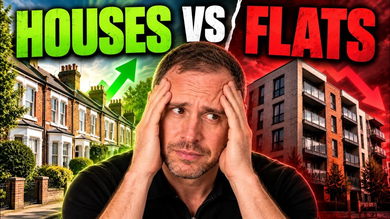 Mark Parham between terraced houses and a block of flats beneath the words “Houses vs Flats”.
